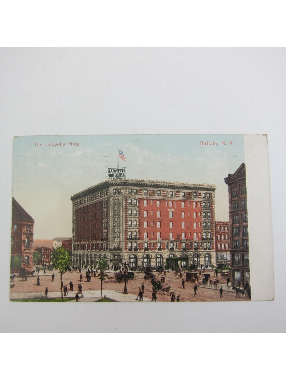 Postcard Buffalo New York Lafayette Hotel Buildings Streetcar Antique 1908 RARE